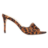 Brown leopard-print heeled mule with slim stacked heel and open-toe slide design