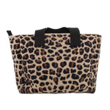 Back of the leopard-print tote with short black handles