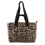 ALLSAINTS Izzy recycled tote with leopard print, black straps, and front logo