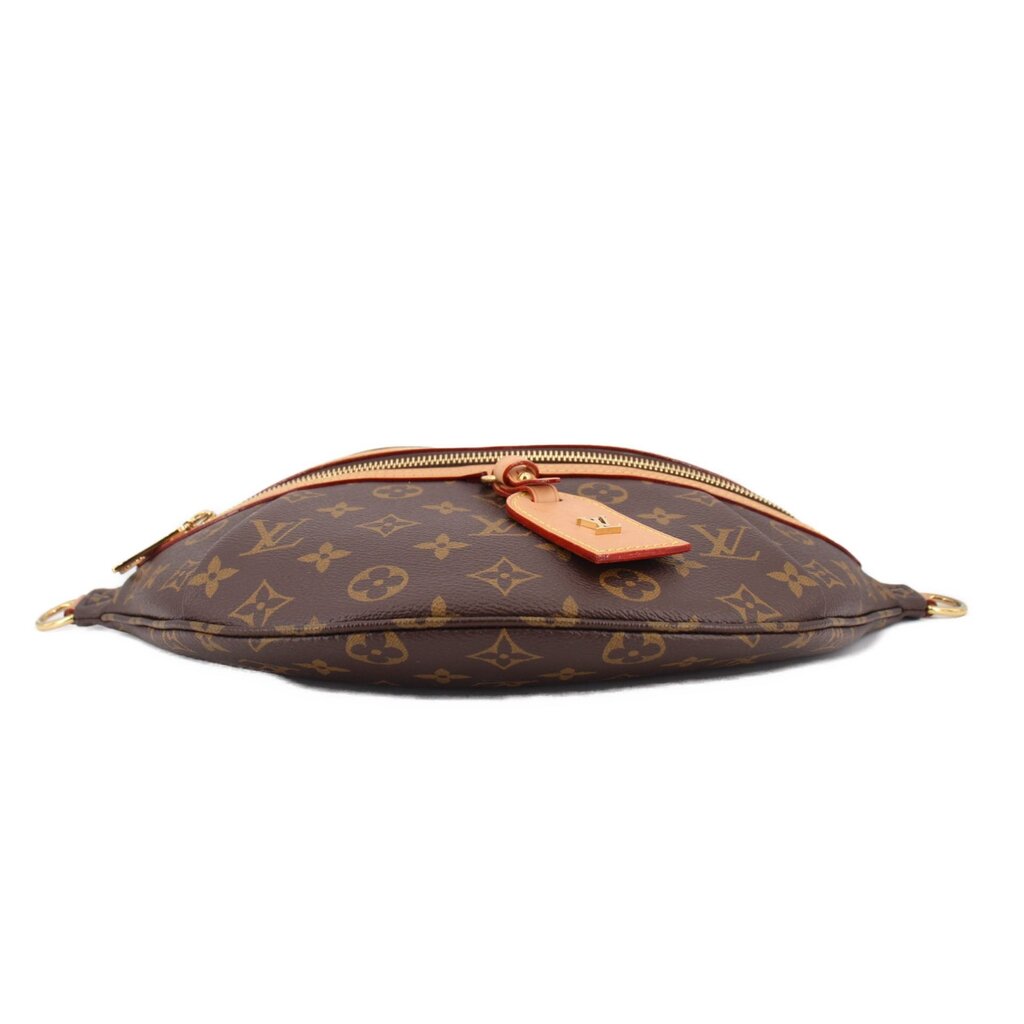LOUIS VUITTON monogram belt bag with top zipper and leather luggage tag, side ties.