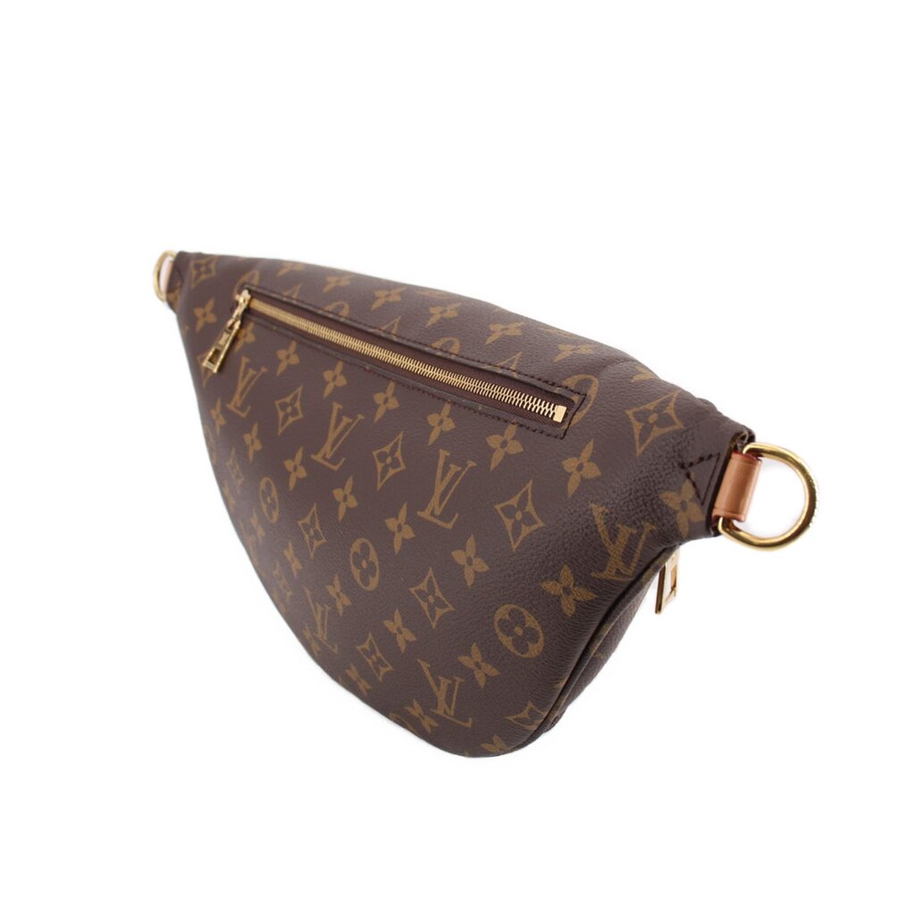 LOUIS VUITTON monogram belt bag with zipper top, gold-tone hardware, side ring.
