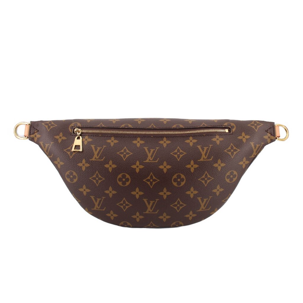 LOUIS VUITTON monogram belt bag with top zipper, tan leather trim, side rings.