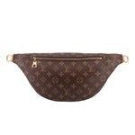 LOUIS VUITTON monogram belt bag with top zipper, tan leather trim, side rings.