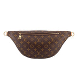 LOUIS VUITTON monogram belt bag with top zipper, tan leather trim, side rings.