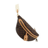 Louis Vuitton monogram belt bag with zip and tan leather strap detail