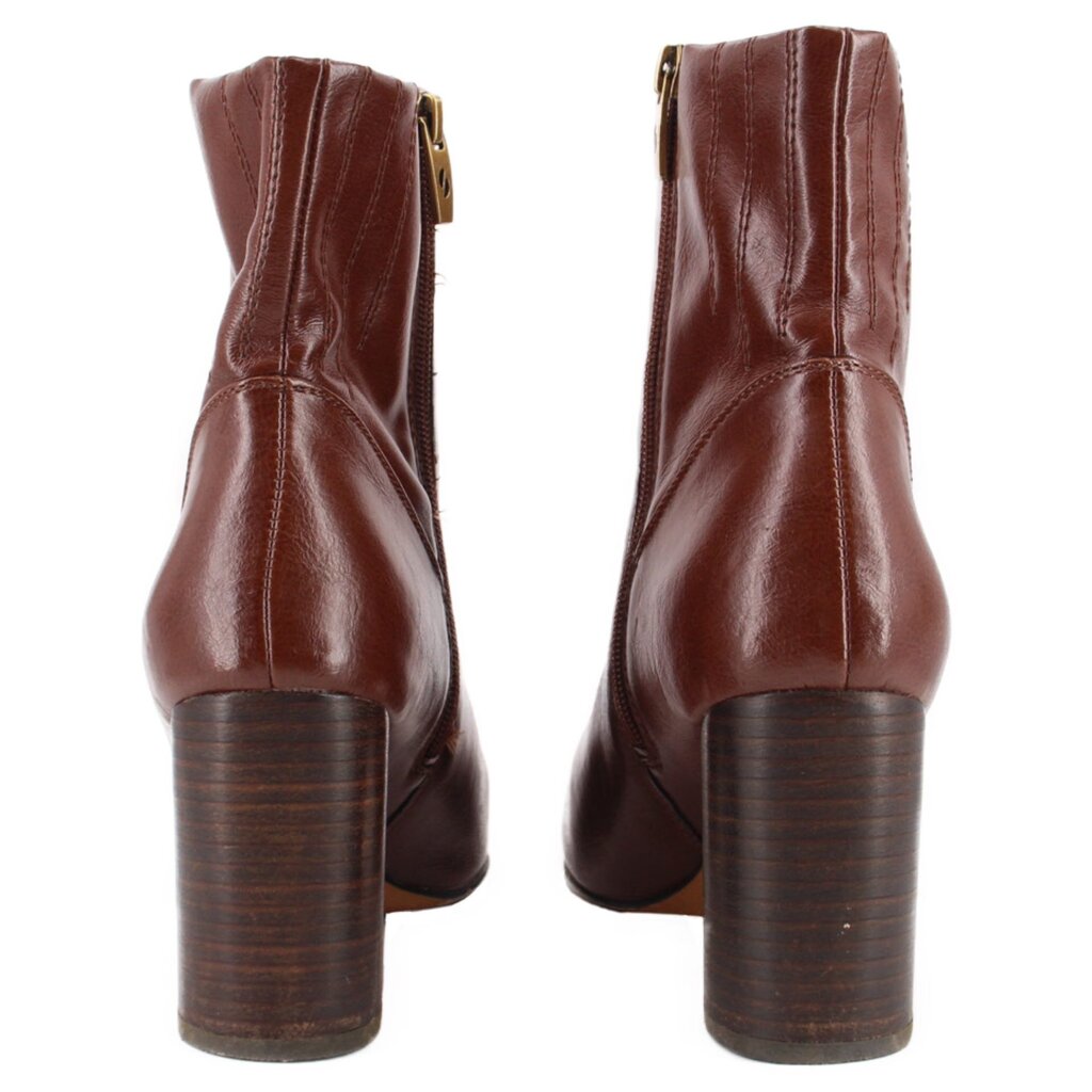 Brown ankle boots with side zippers and stacked block heel, back view