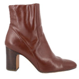 Brown vegan ankle boots with side zipper, angled view, chunky block heel