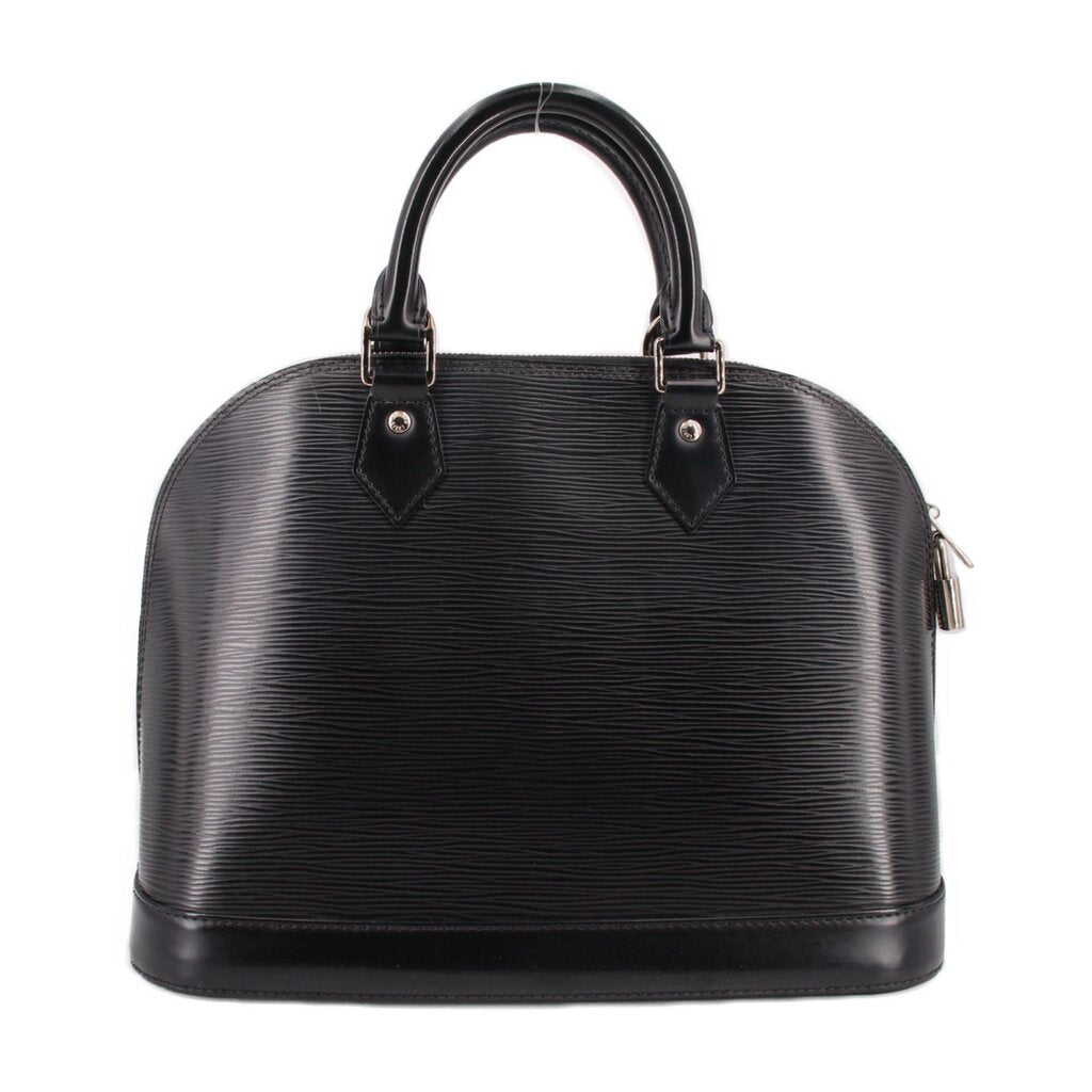 Black structured leather dome bag with dual top handles and front leather strap accents.