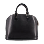 Black structured leather dome bag with dual top handles and front leather strap accents.