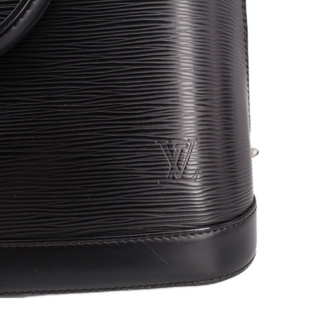 Black textured Epi-style leather side with embossed LOUIS VUITTON logo.