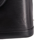 Black textured Epi-style leather side with embossed LOUIS VUITTON logo.