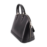 Black structured leather dome bag with top handles and side zipper pocket detail.