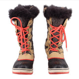 SOREL winter boots pair, coral lace-up front, fur cuffs, tan side panels