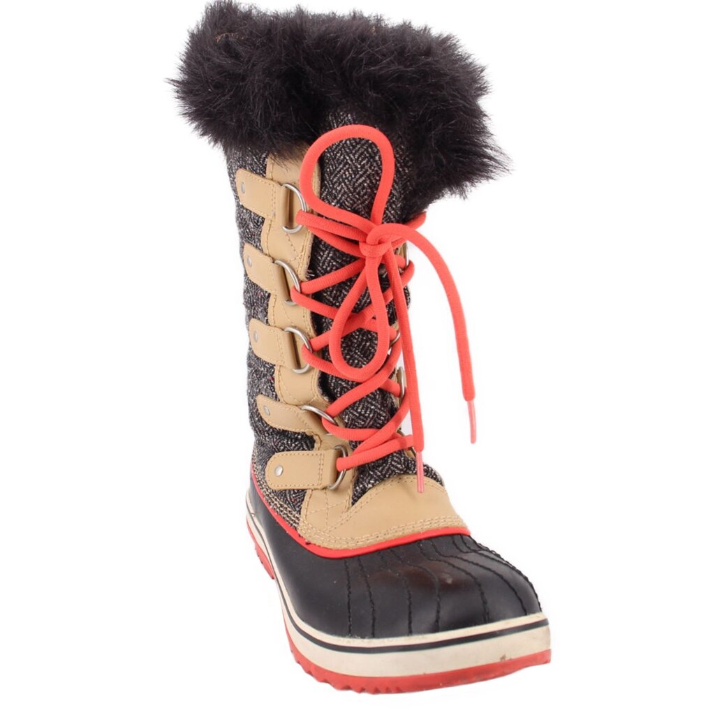 SOREL winter boots with black and tan panels, coral laces, fur trim