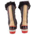 SOREL winter boots rear view, tan pull tabs, red outsole, faux-fur cuffs