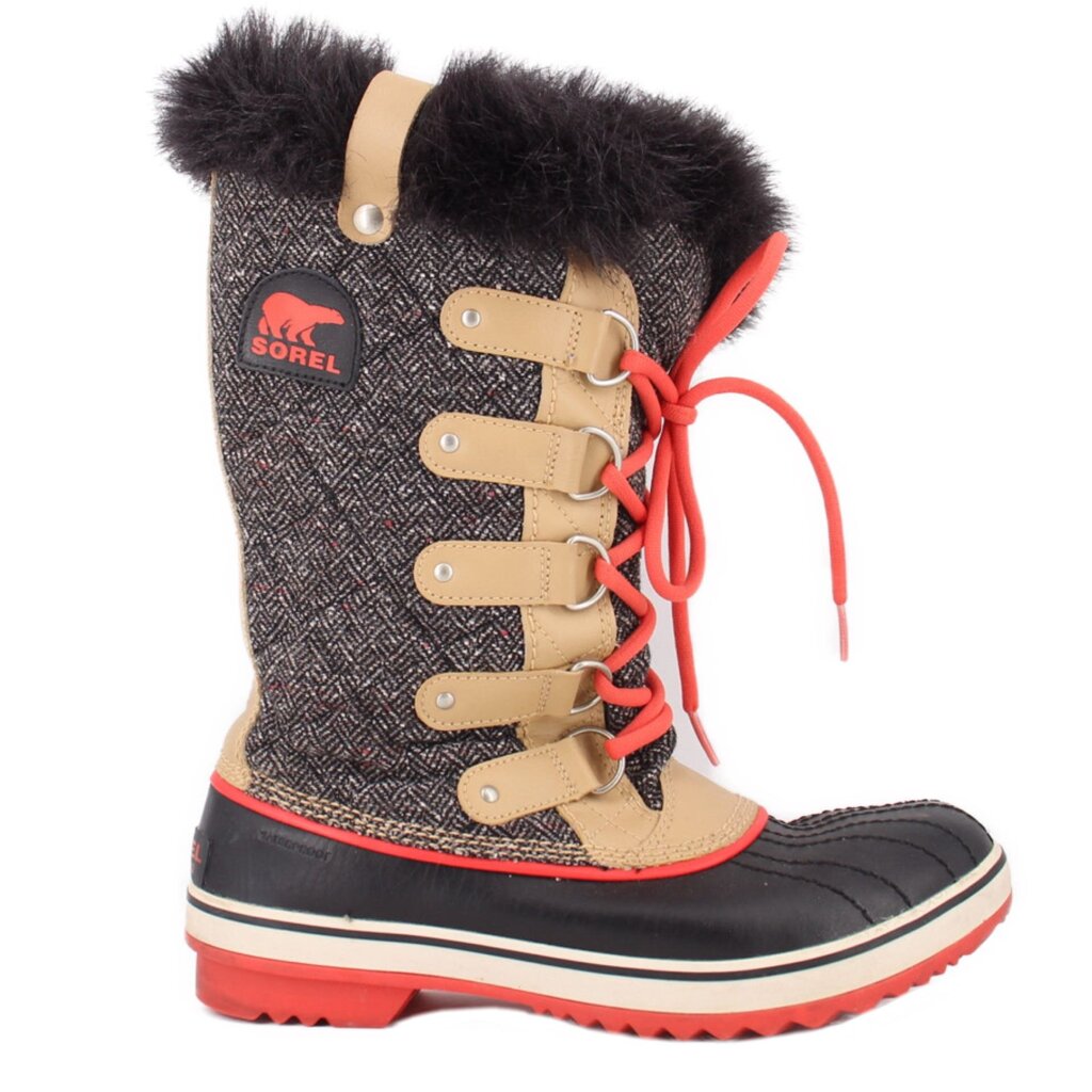 SOREL winter boots, textured dark upper, tan straps, coral laces, fur trim