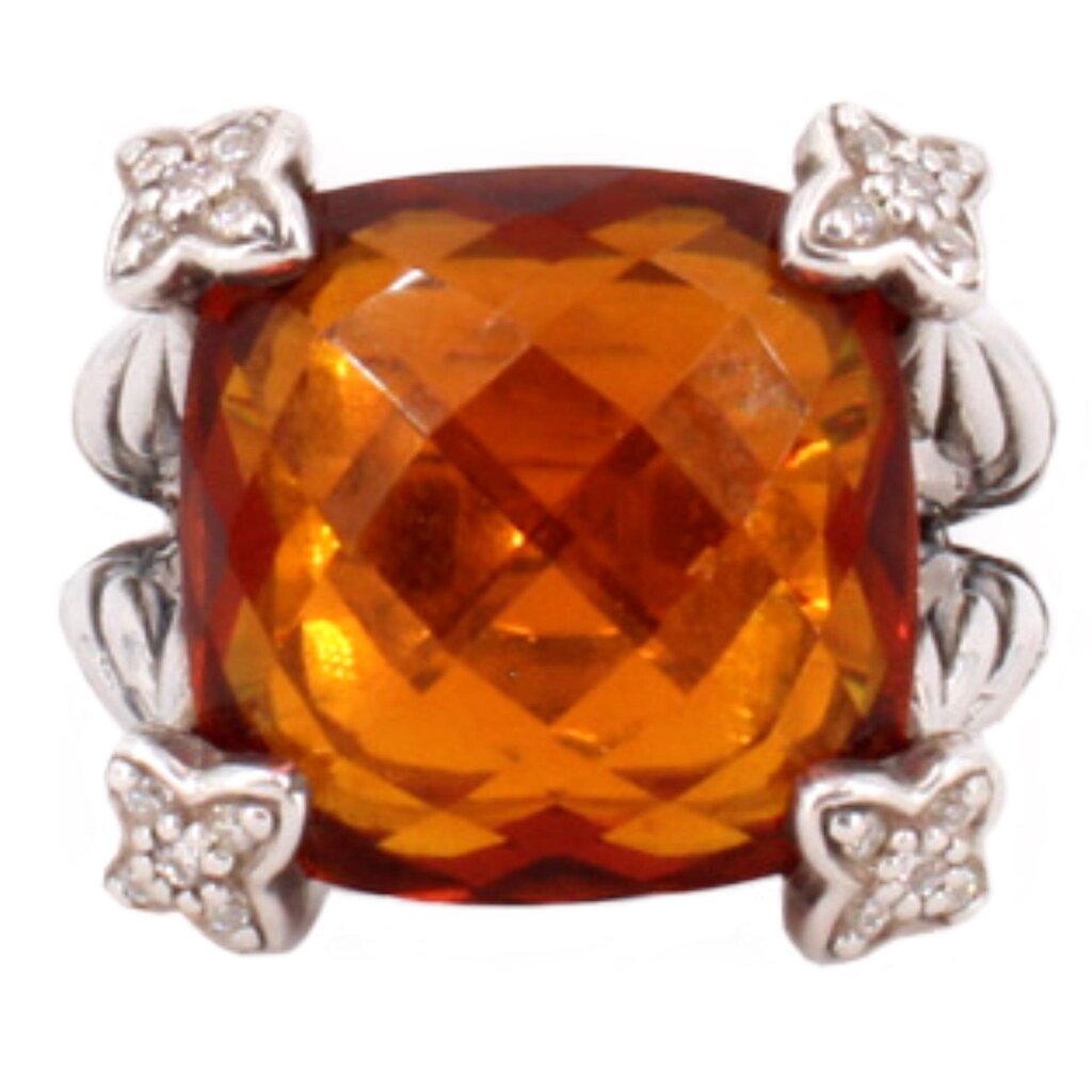 David Yurman ring with cushion-cut orange-red garnet and four silver accents