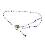 Long beaded belt with blue, turquoise, and white beads and jeweled gold-tone accents