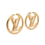 Gold hoop earrings with LOUIS VUITTON LV monogram cutout panels and hinge.