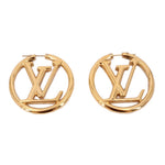 LOUIS VUITTON gold hoop earrings with LV monogram center, hinged backs.