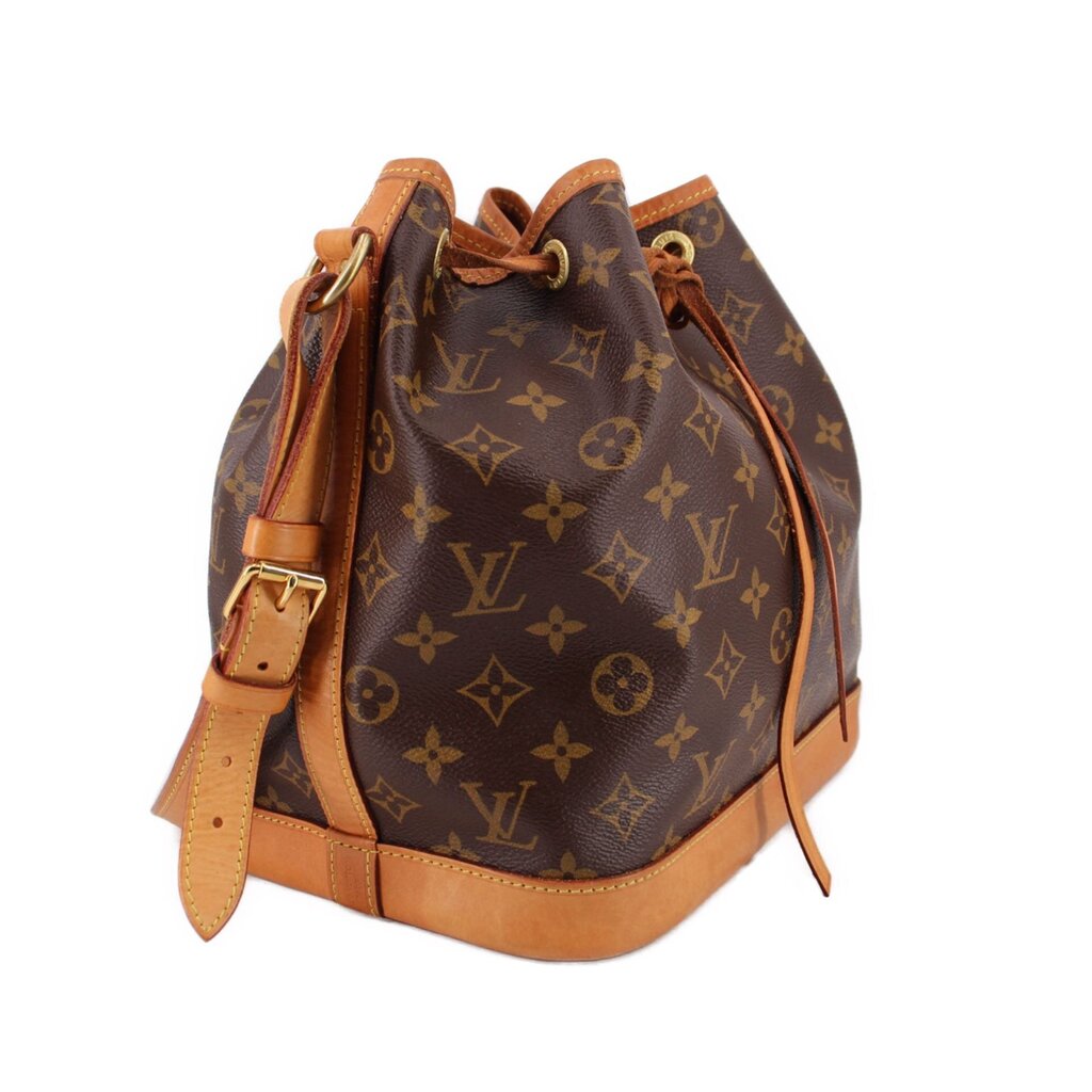 Louis Vuitton Petit Noe monogram bucket bag with tan leather trim and shoulder strap