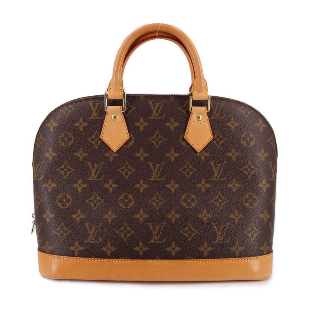 Monogram handle bag with tan leather bottom panel and double top handles
