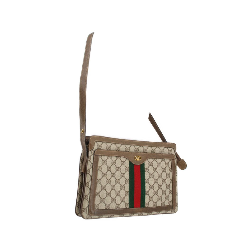 GUCCI vintage Sherry shoulder bag with GG monogram, green red stripe, detachable strap