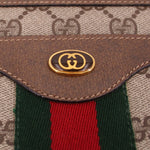 Gold-tone clasp on brown leather flap with green and red Web stripe