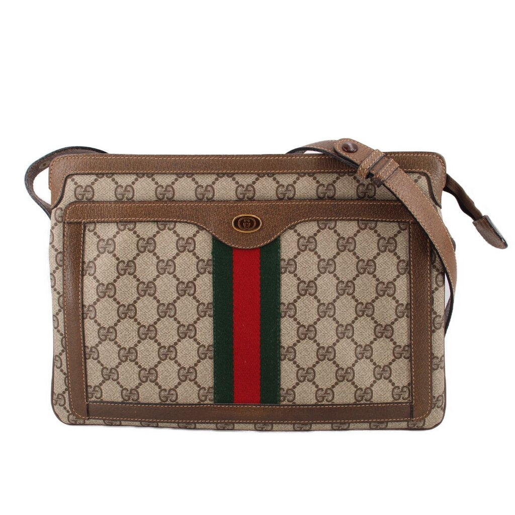 Brown GG canvas shoulder bag with green and red Web stripe and leather trim