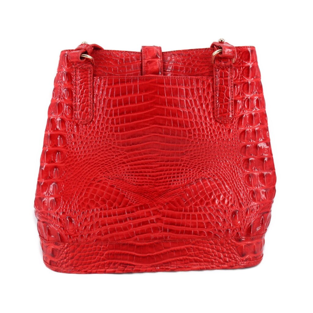 Red croc-embossed bucket shoulder bag with front snap pockets and drawstring