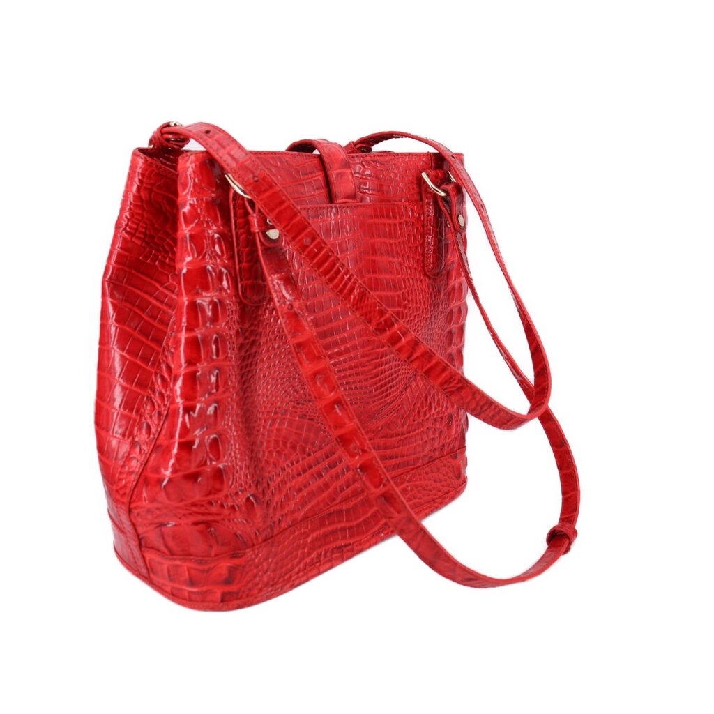 Red croc-embossed bucket shoulder bag with top handle and crossbody strap