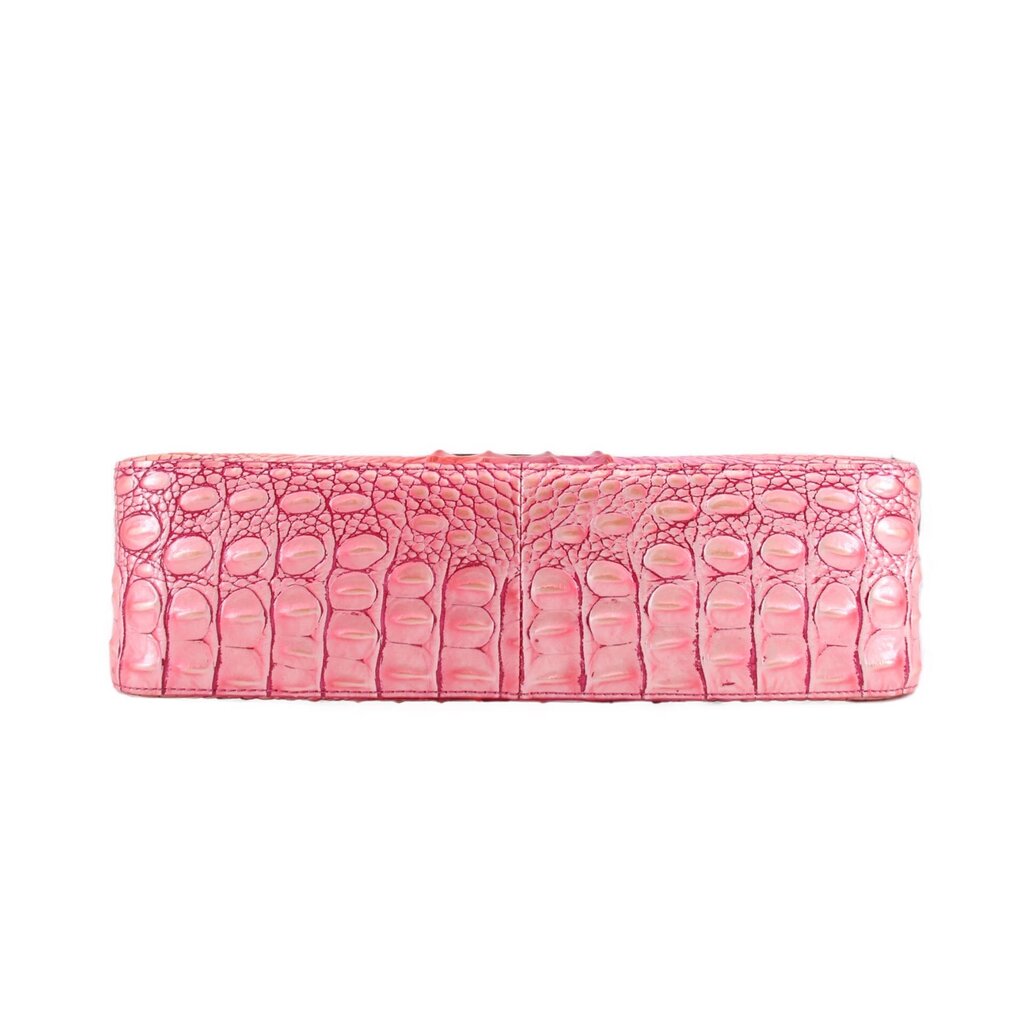 Cupid pink croc-embossed bag bottom panel with center seam detail.