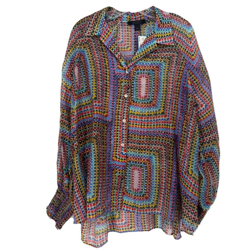 AllSaints multicolor printed top with long sleeves, V-neck, and button front