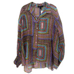 AllSaints multicolor printed top with long sleeves, V-neck, and button front
