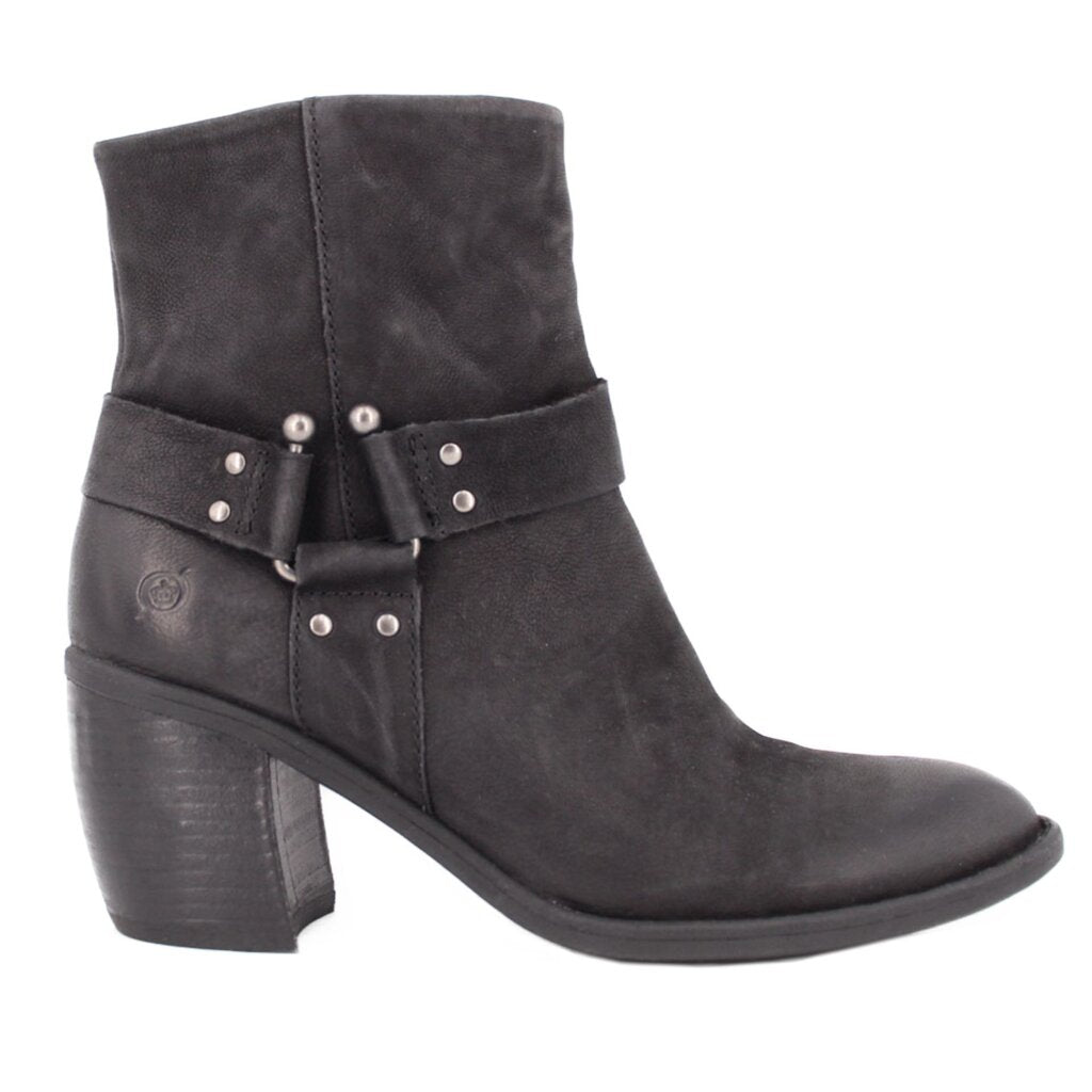 Black leather harness ankle boots with block heel and buckle straps