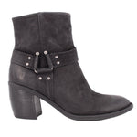 Black leather harness ankle boots with block heel and buckle straps