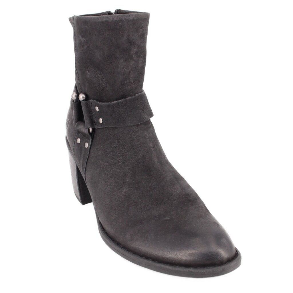 Black leather harness ankle boots with buckle strap across the shaft