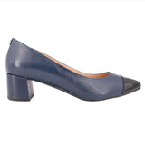 Navy low block-heel pumps with black cap toe