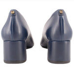 Navy pumps rear view with stitched heel and logo pull tab