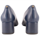 Navy pumps rear view with stitched heel and logo pull tab