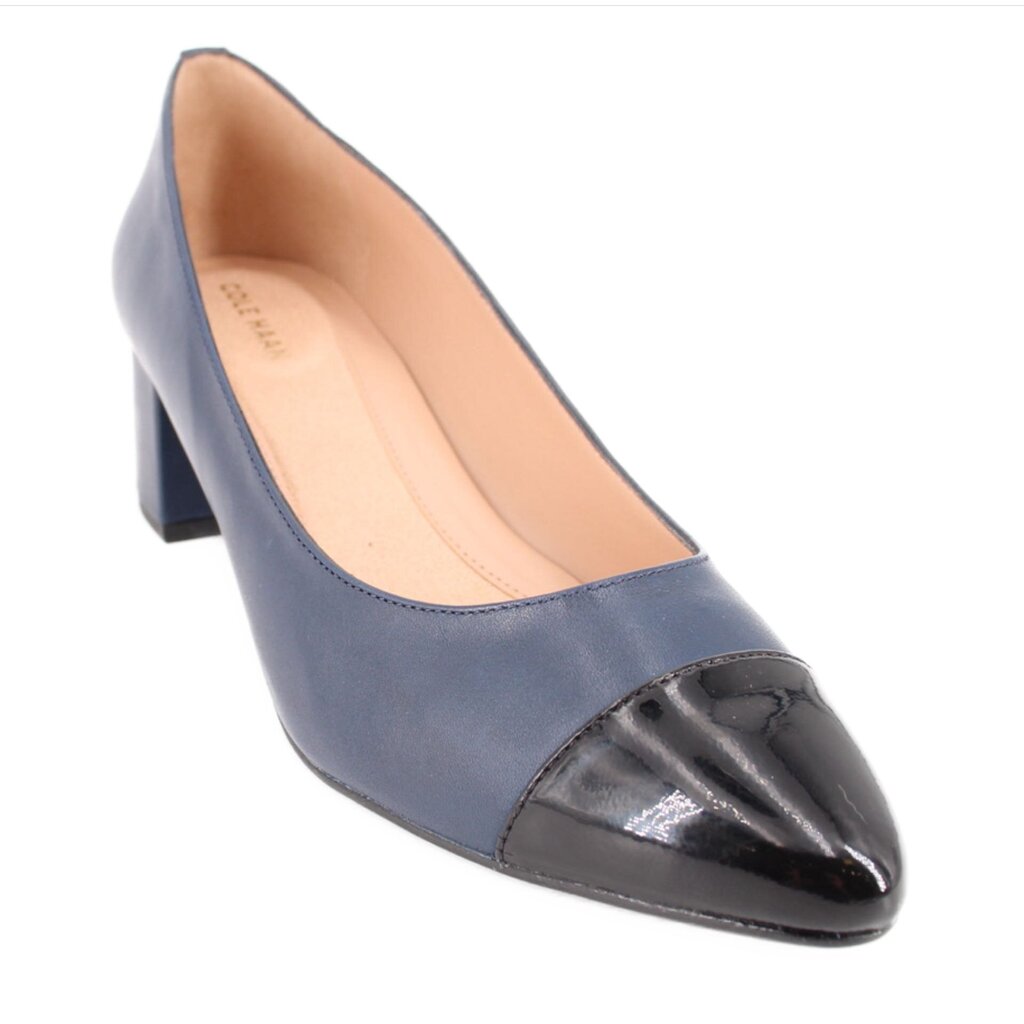 Navy leather cap-toe heels with black patent toe and block heel