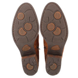 Brown suede ankle booties outsole view with textured tread