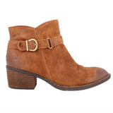 Brown suede ankle bootie with buckle strap and block heel