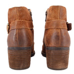 Brown suede ankle booties with stacked block heel and back view