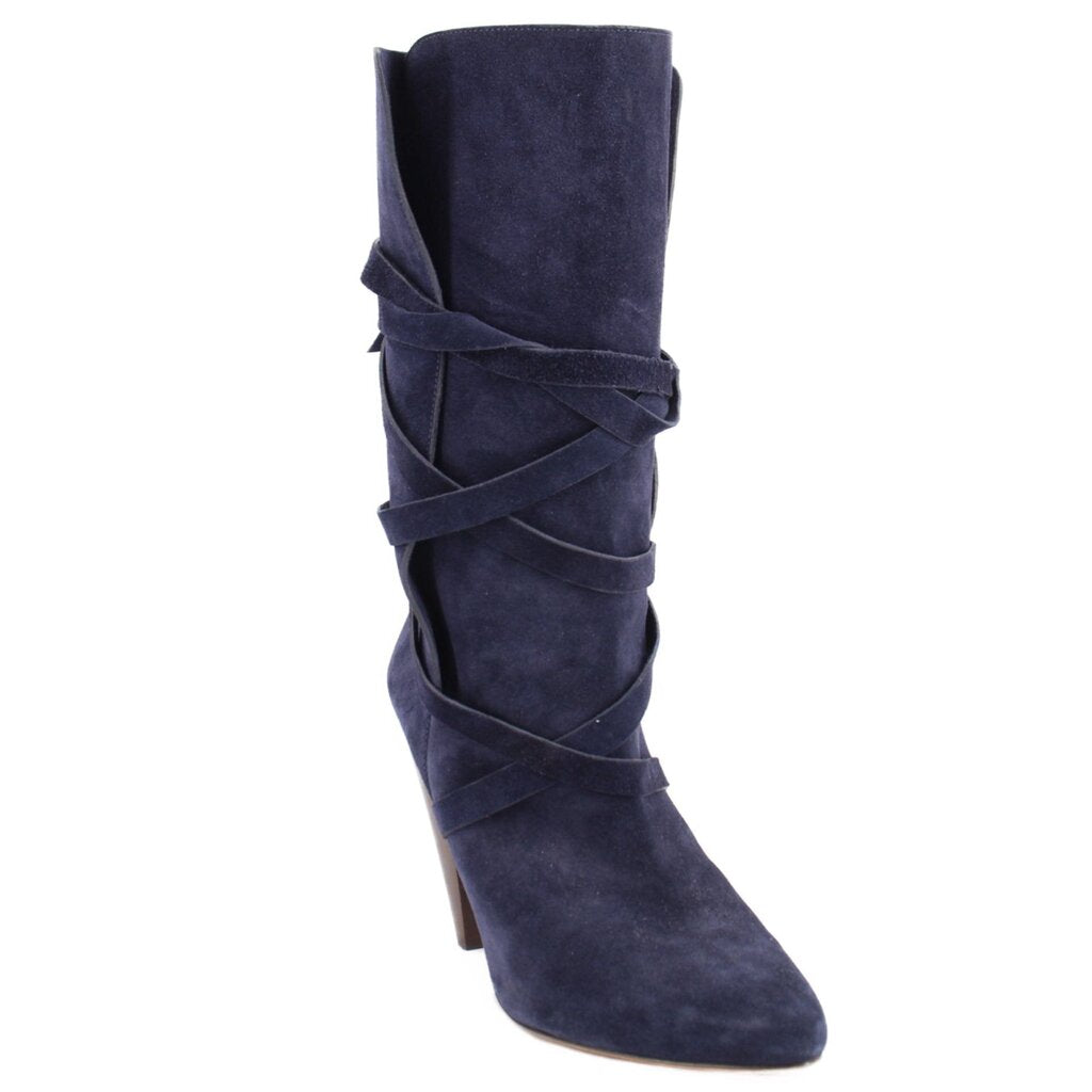Navy suede slouch boot with wraparound straps, pointed toe, and tapered heel