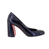 Navy patent leather high block heel pump with pointed toe and red trim