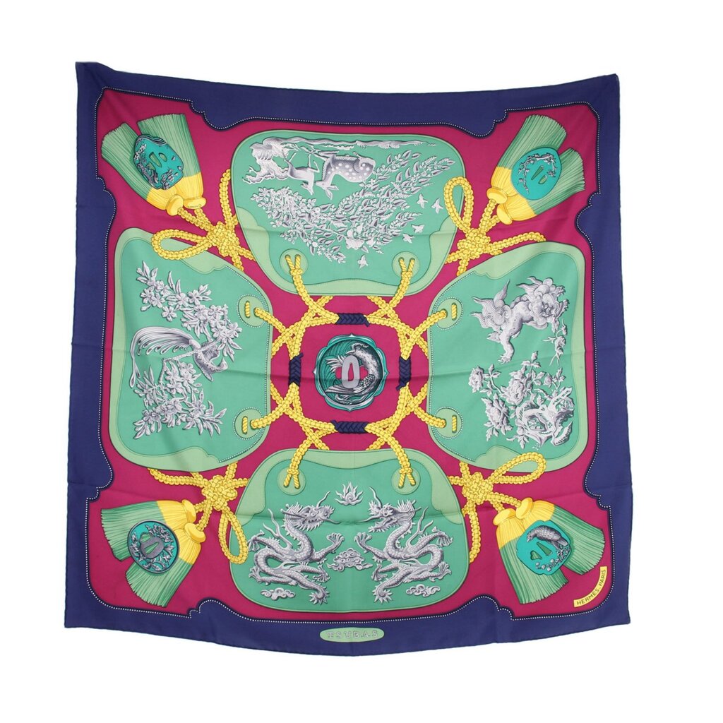 Hermès silk scarf with equestrian rope and horse motif in green, pink, and navy
