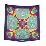 Hermès silk scarf with equestrian rope and horse motif in green, pink, and navy