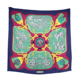 Hermès silk scarf with equestrian rope and horse motif in green, pink, and navy