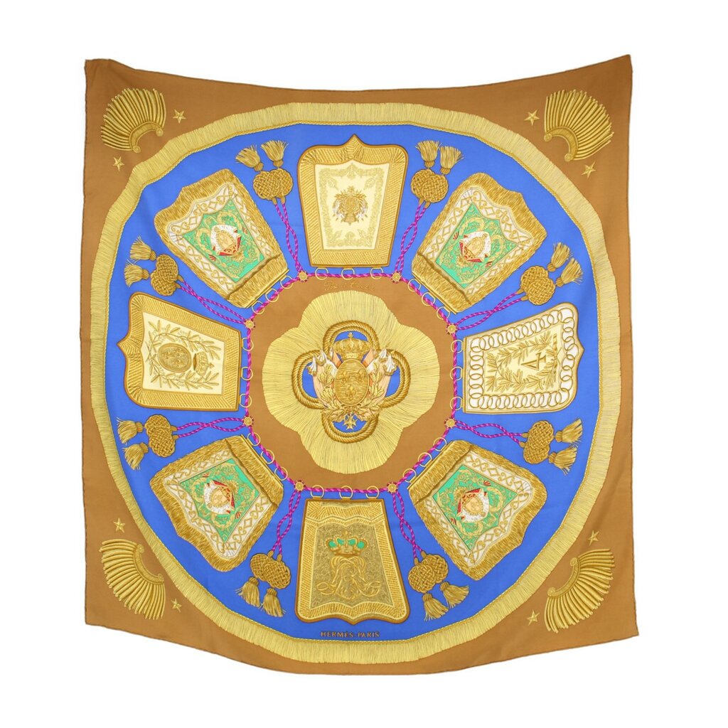 Brown HERMES silk scarf with circular blue-and-gold crest design
